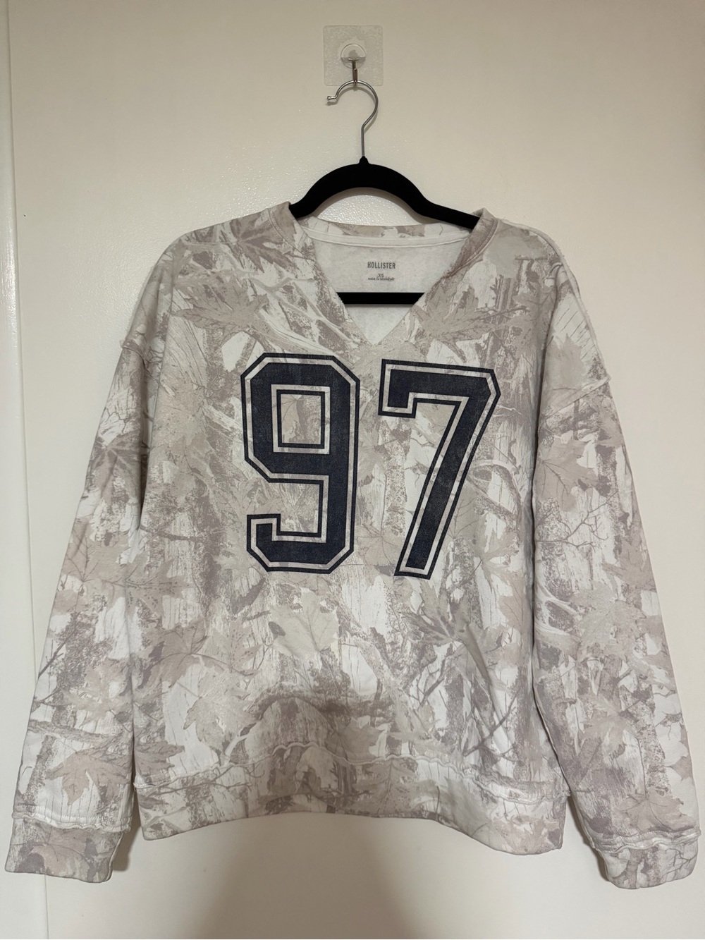 Hollister Men's V-Neck Sweatshirt with Navy '97 on Light Gray Camo